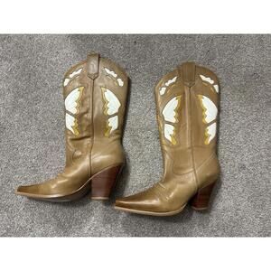 Diba Cowboy Western Boots 7.5 Leather Pull-On Butterfly Cowgirl Brown